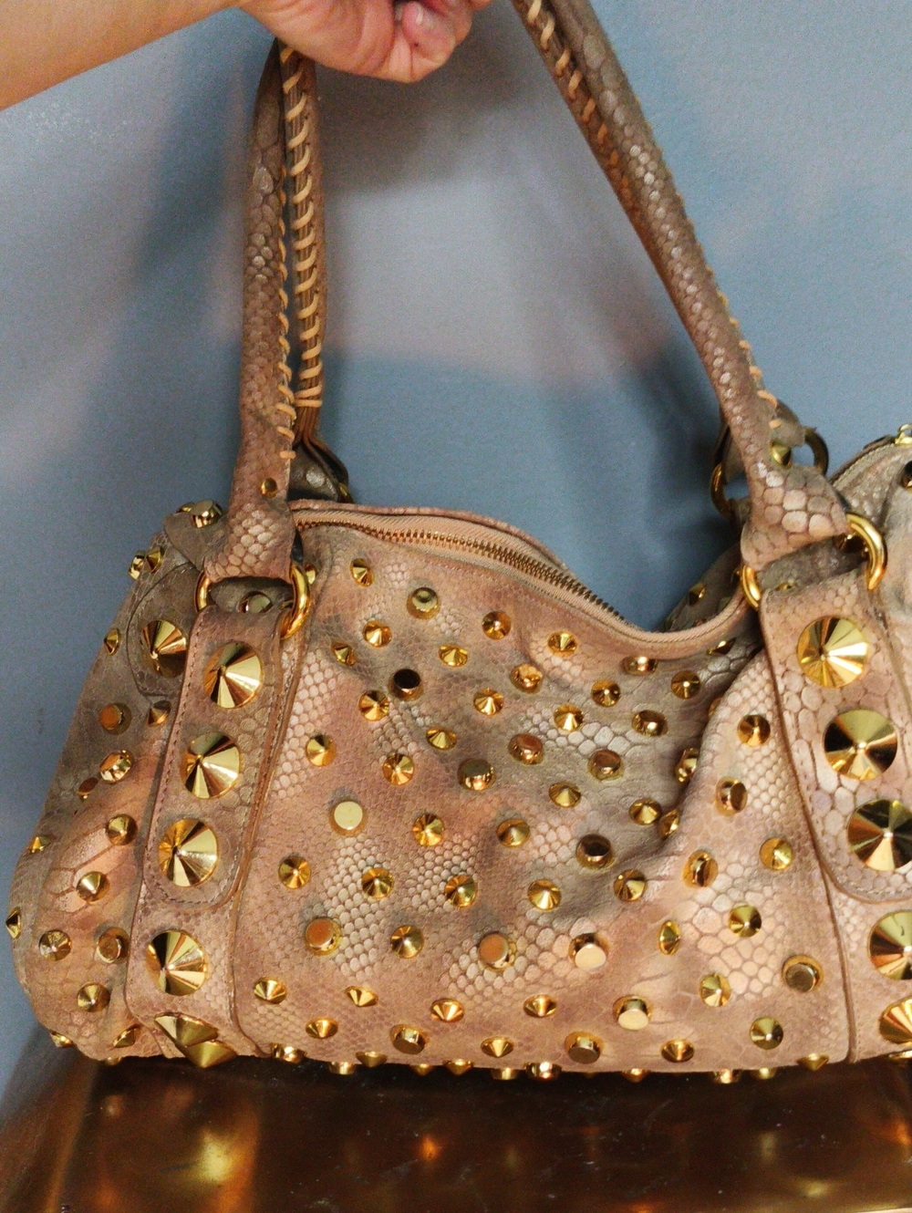 Zigi Soho Taupe Shoulder Bag with Gold Studs